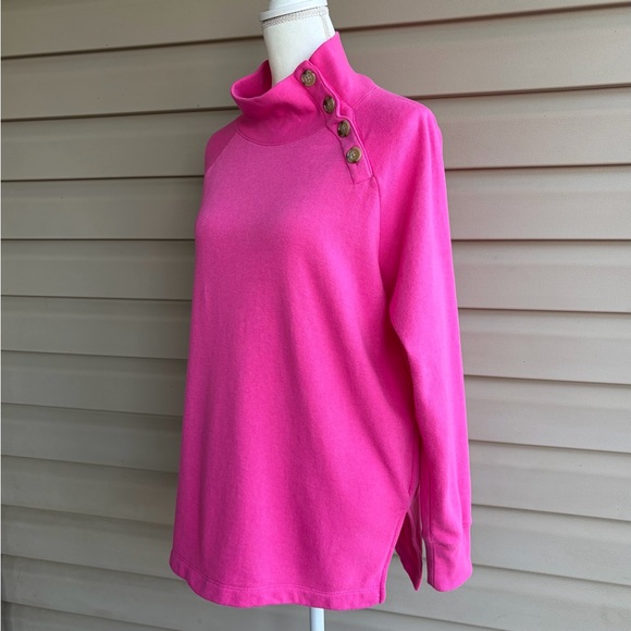 •J.Crew• Hot Pink Button-Neck Pullover Sweatshirt - Size Large - Picture 4 of 7